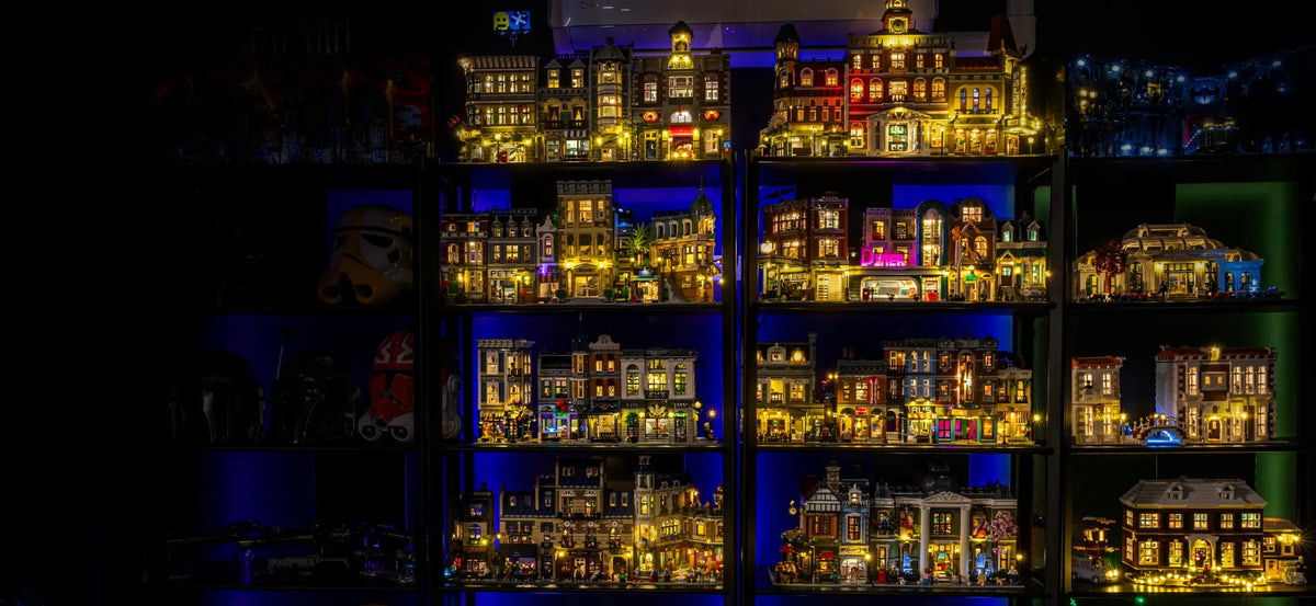LEGO Modular Buildings collection lit with Light My Bricks LED light kits (desktop banner)